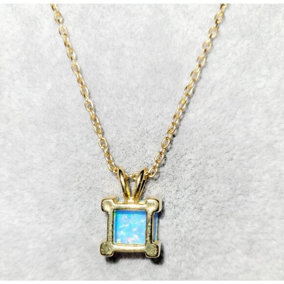 Lab Created Blue Opal Pendant Necklace Square Stone 20" Gold Tone Chain - Picture 3 of 5